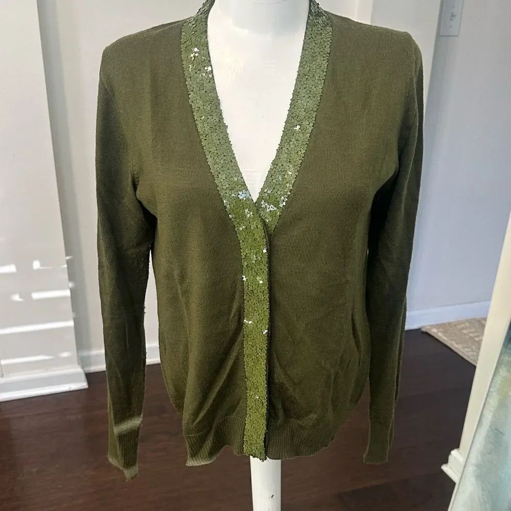 J. Crew Olive Sequin Trim Cardigan Sweater S
